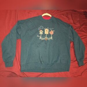 Women's Green Sweater with Embroidered Bird Houses Design From Top Switch